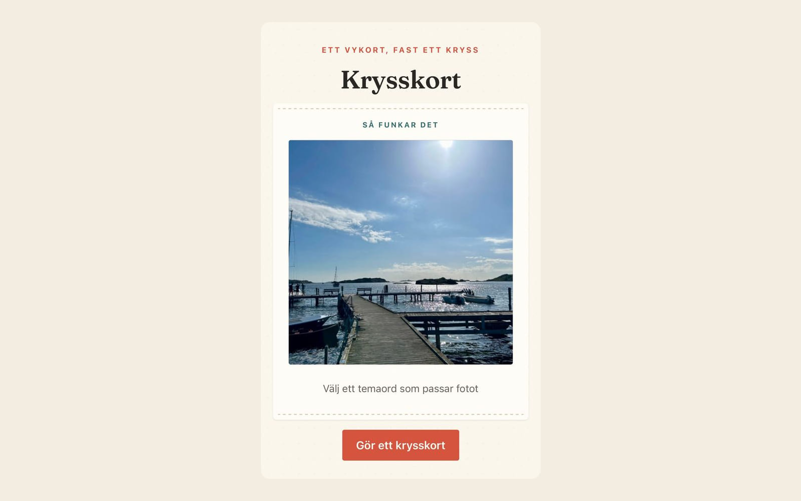 The Krysskort start screen on a phone, showing a photo of a jetty in the Swedish archipelago above the button "Gör ett krysskort"