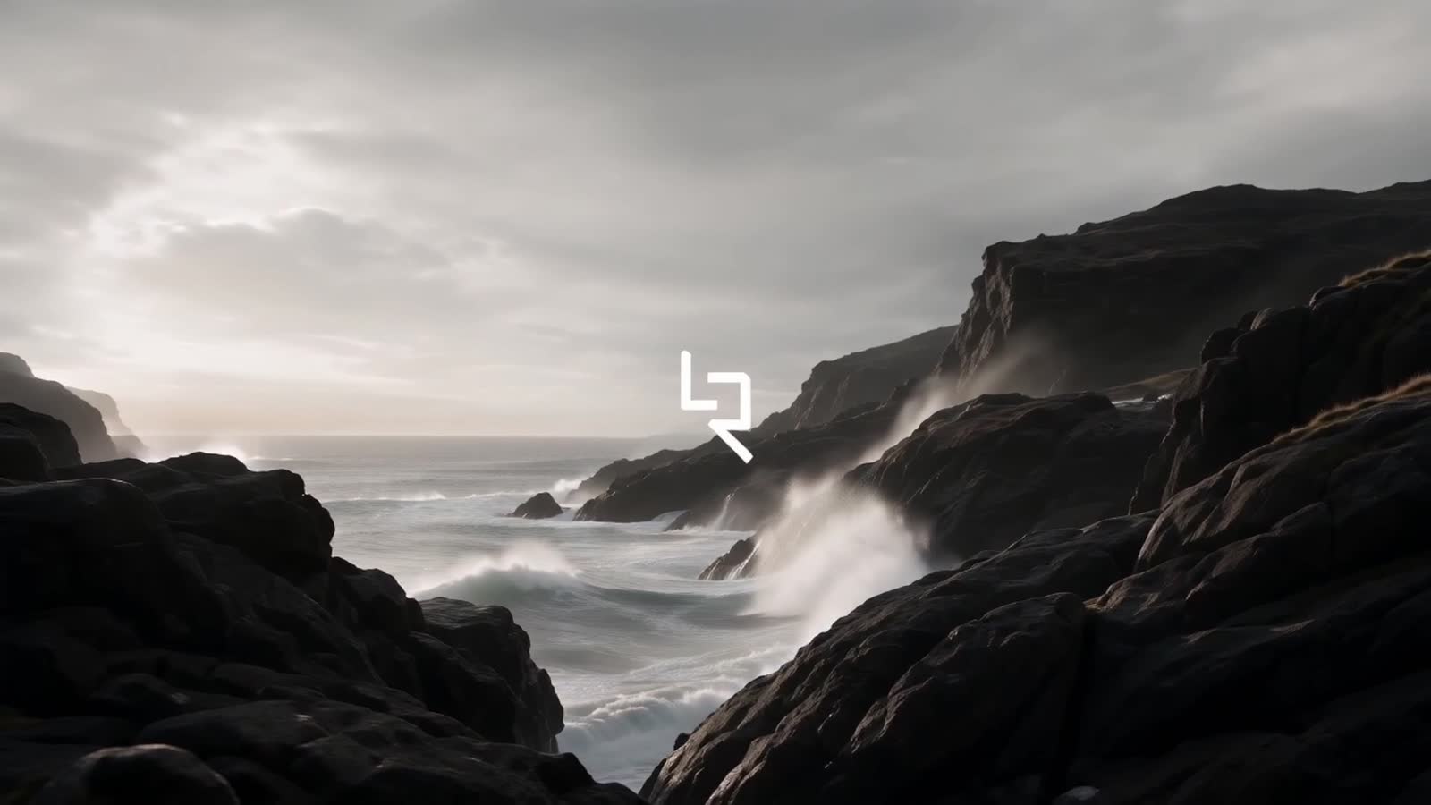 A dark coastline from the Liroq brand film, with the studio mark set against the sky